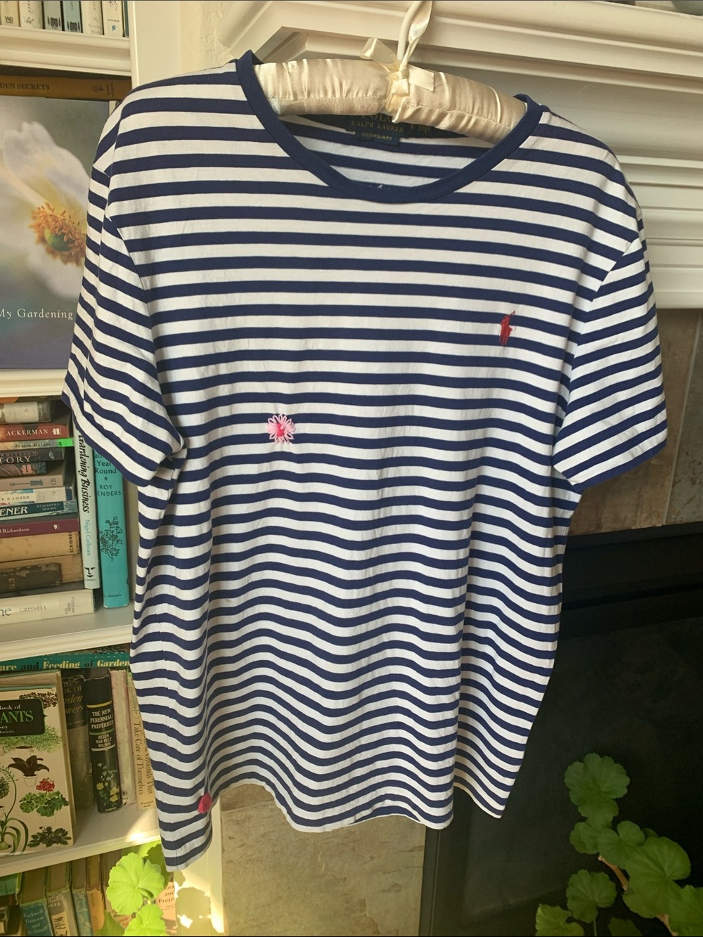 Ralph Lauren Cotton Navy & White Striped Crewneck Tee with Pink Floral Detail